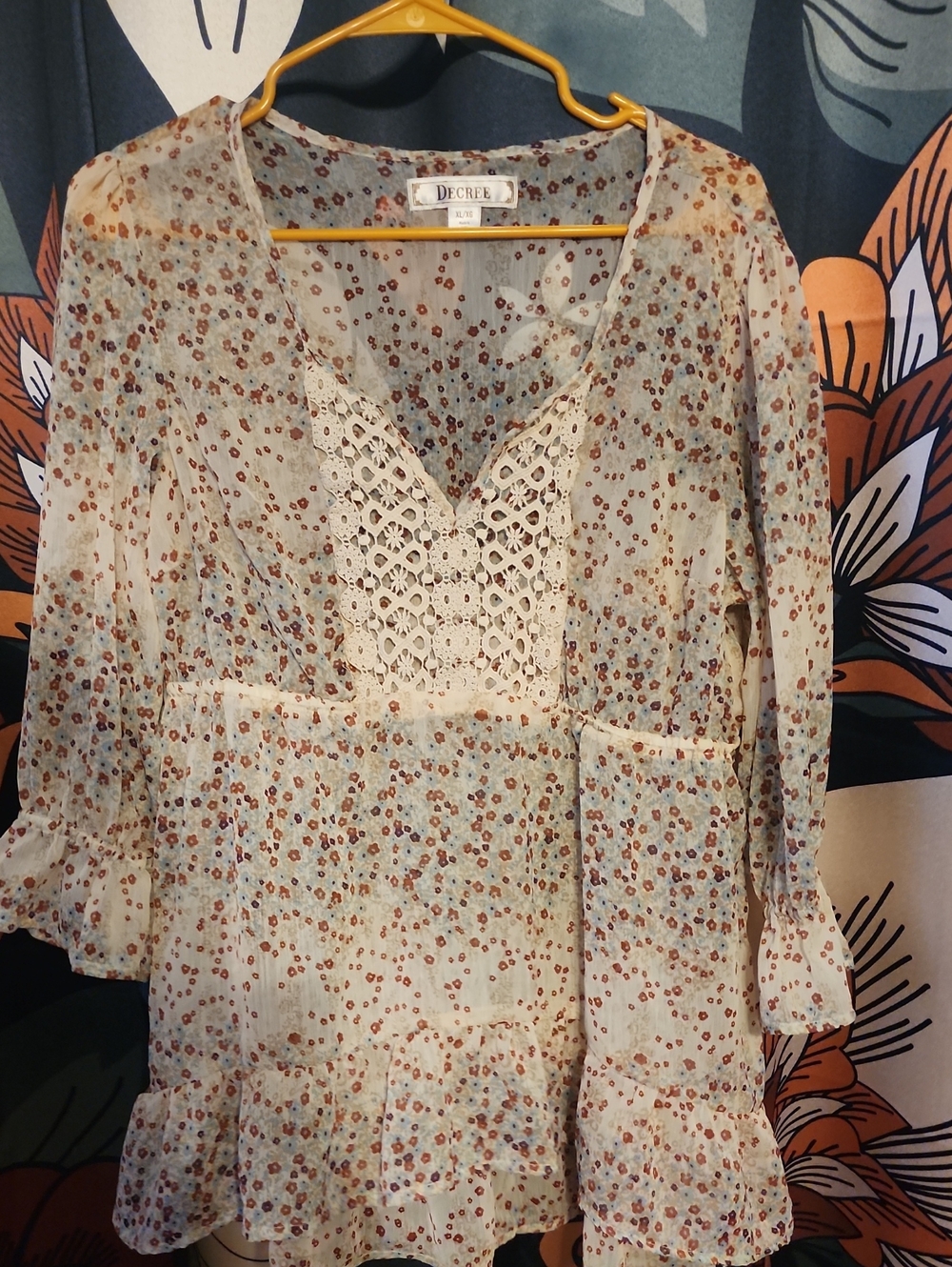 Decree Cream Crochet-Front Peasant Blouse with Rust & Blue Dots